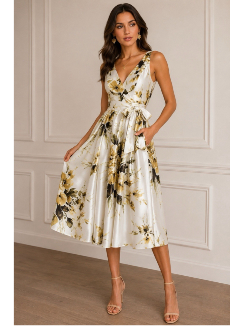 Donna Karan New York Floral Midi Dress Size 6 Ivory Satin Fit Flare NWT Pockets
